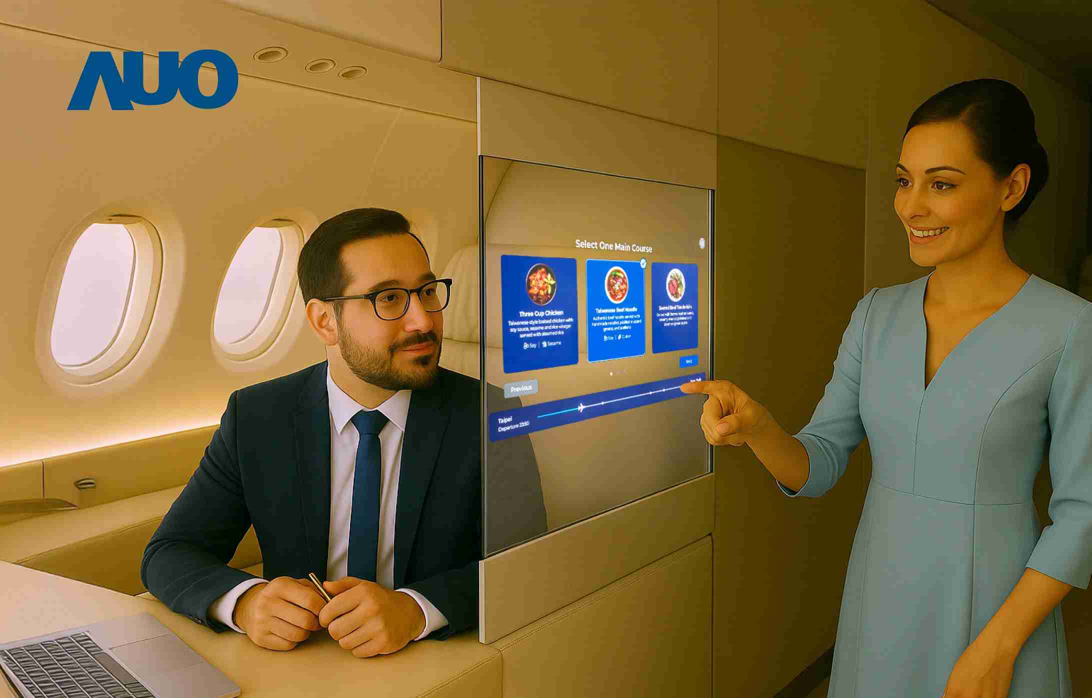 彩霸王研发全球最薄17.3 吋双面透明 Micro LED 显示器，，，可在同一屏幕之双边投射不同信息，，，，创造独特的”透明化”互动；图为实时翻译交流应用情境